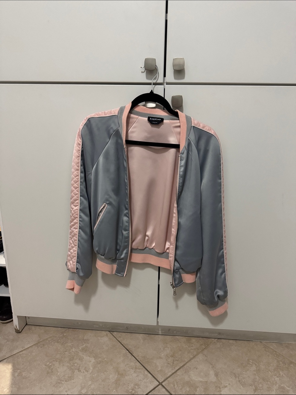 bebe Pink and Gray Satin Bomber Jacket with Quilted Sleeve Panels